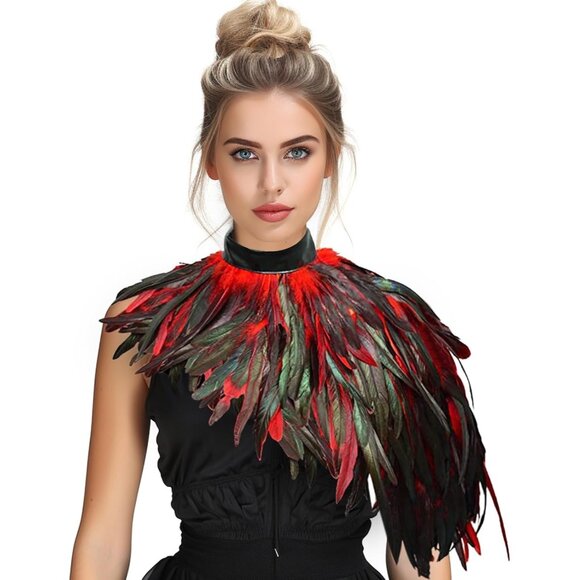 Women Feather Cape Shawl Costume Black Witch Wings Collar Adult Crow Neck - Picture 1 of 7